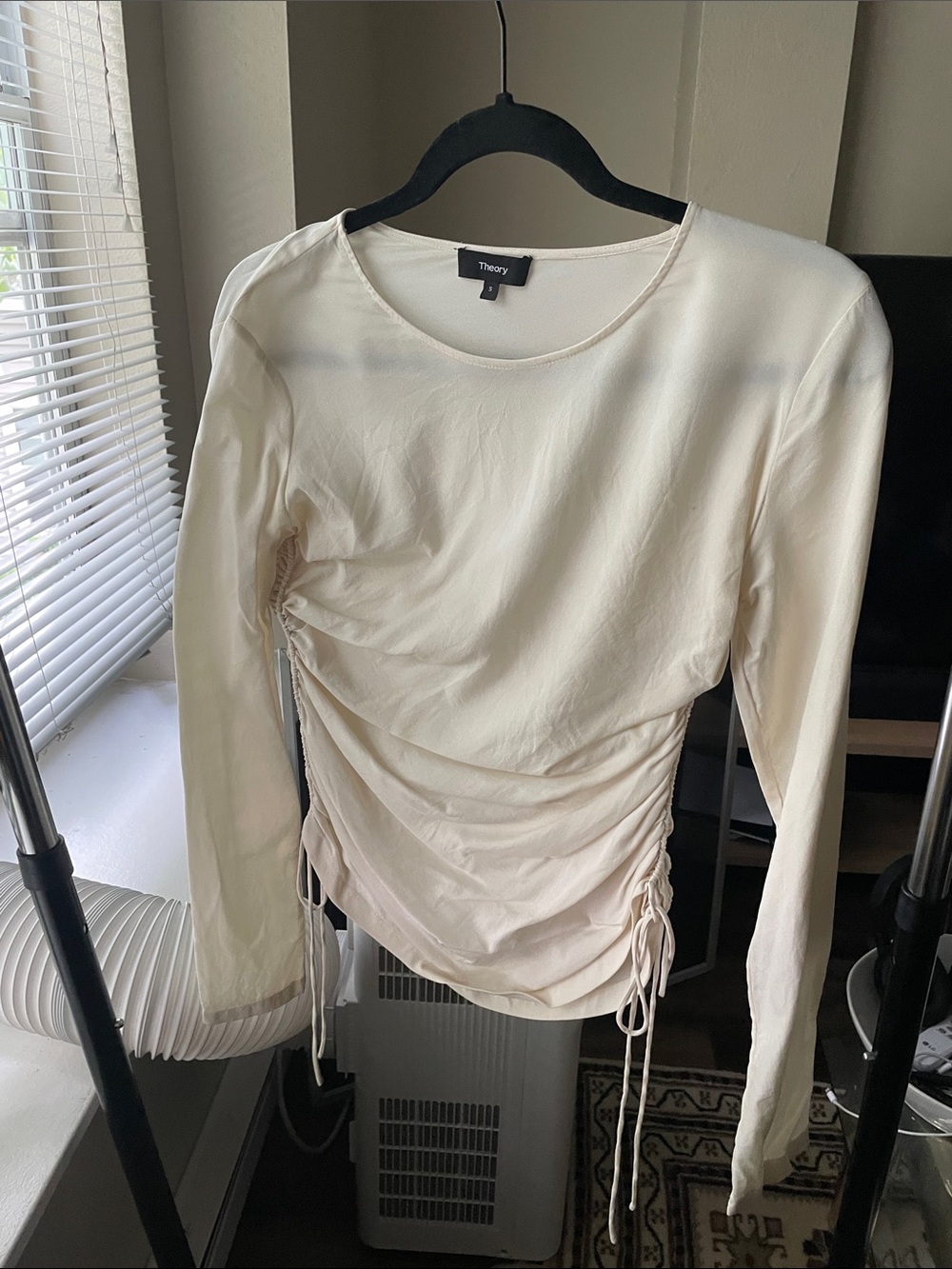 Theory Cream Silk Ruched Long Sleeve Top with Side Ties